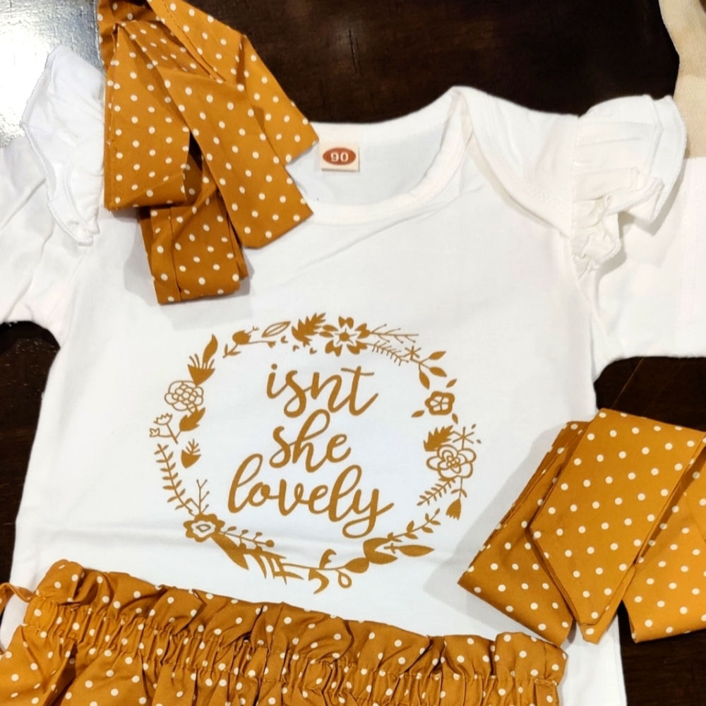 Isn't She Lovely Baby Girl Bodysuit w/ bloomers, belt tie and head tie. New